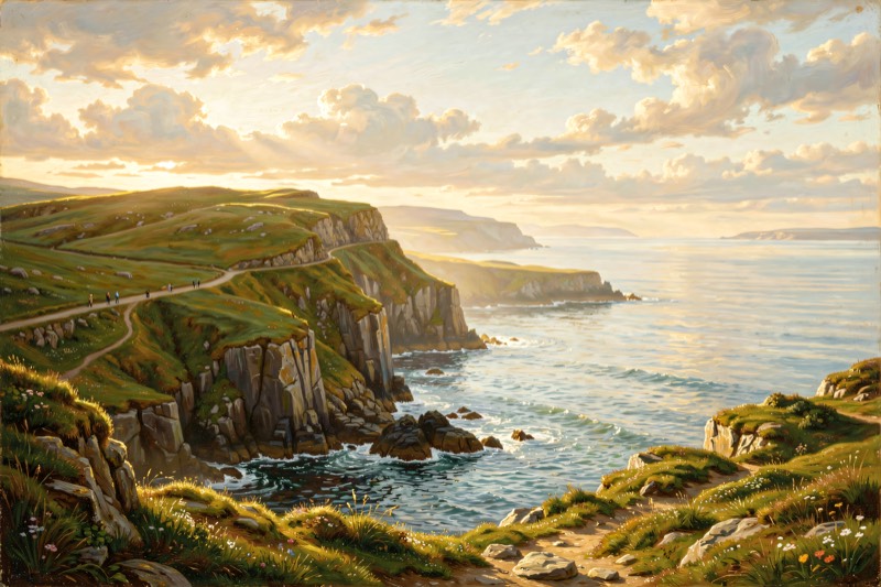 A green headland over a bright sea