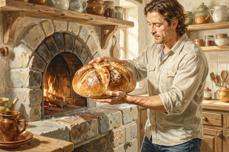 A person lifting a golden loaf from a stone oven