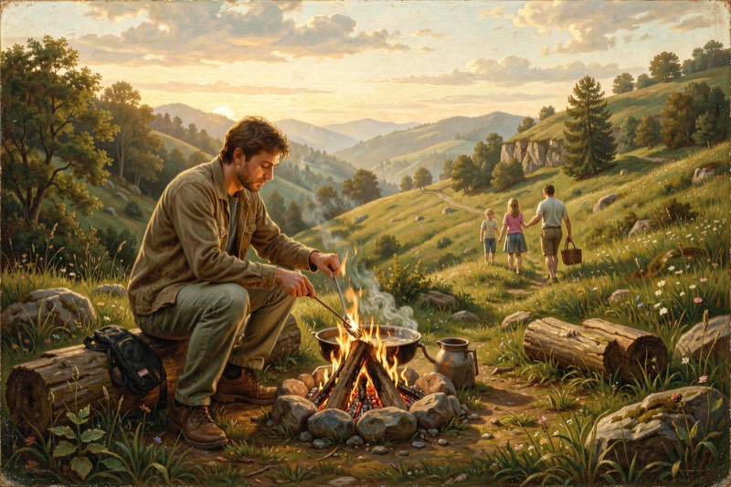 A person cooking over a small campfire on a hillside