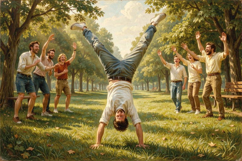 A person doing a handstand on grass in a park