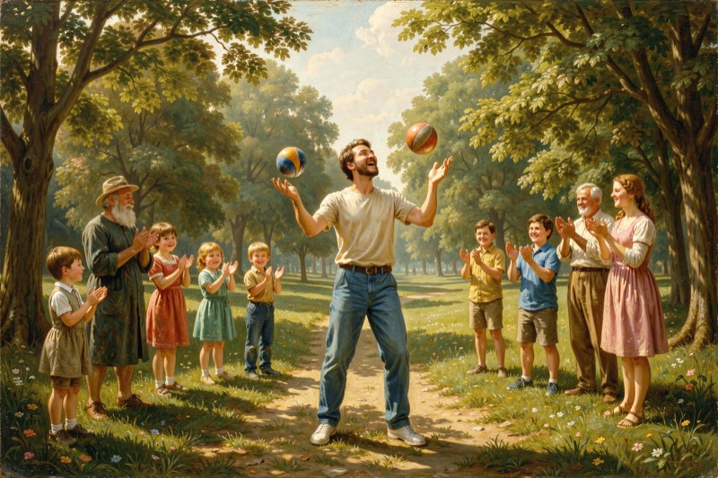 A person juggling three balls in a park
