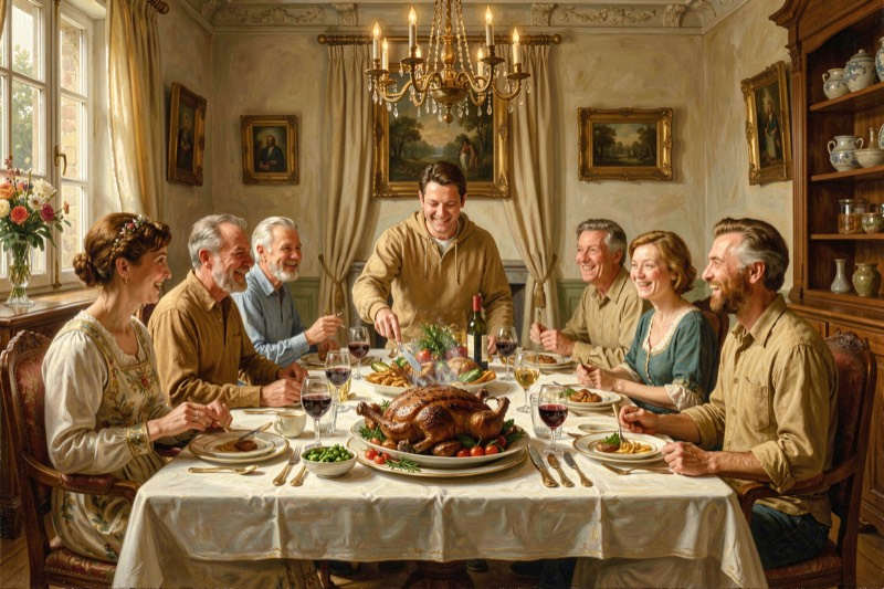 A person serving a roast dinner to eight guests