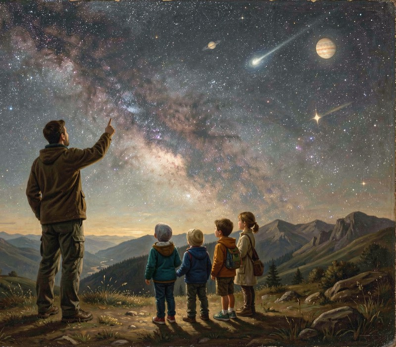 A person showing a family the stars from a hilltop