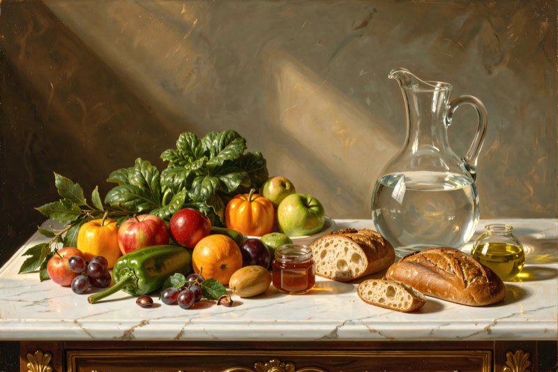 Bread, fruit, greens and a jug of water on a marble table