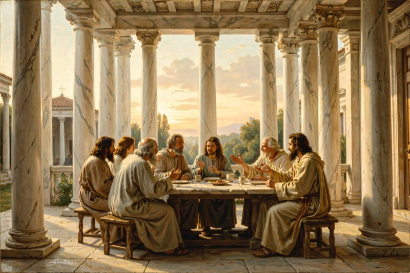 A few people talking at a table between columns