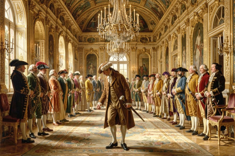 A diplomat in a plain brown coat in a gilded French palace hall