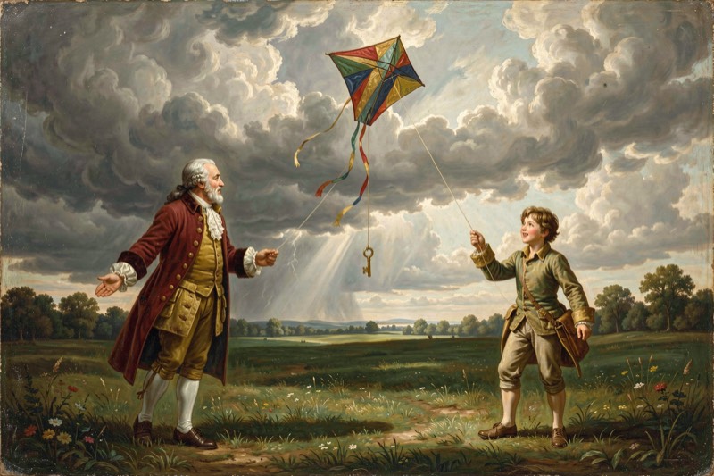A man and a young man flying a kite under storm clouds