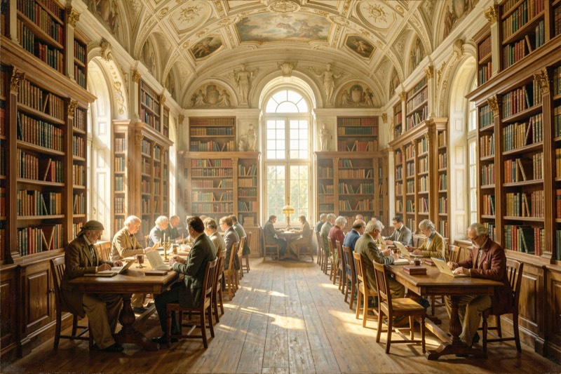 A public library room with people reading at long tables