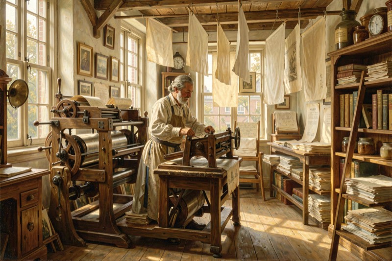 A printer at a wooden press in a sunlit print shop