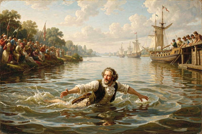 A man swimming across a wide river while a crowd watches