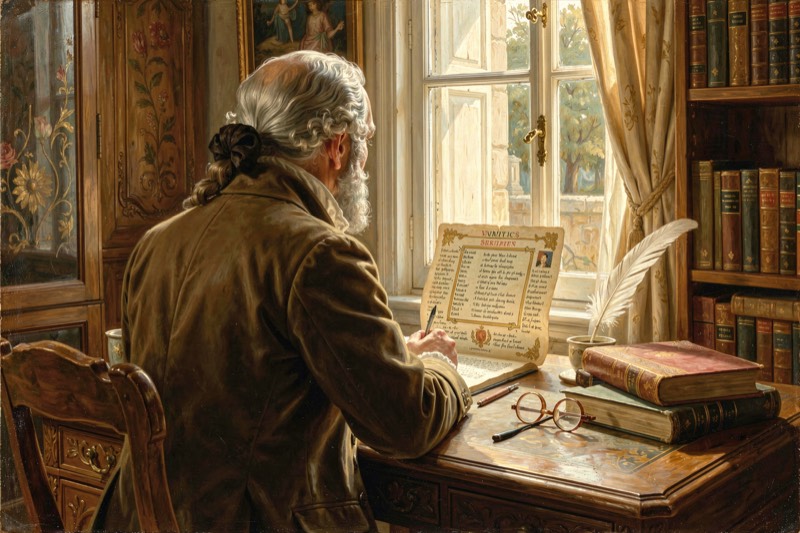 A man writing at a desk by a window beside a small chart
