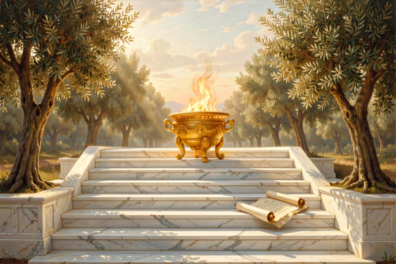 Wide marble steps up to a school, a flame burning at the top