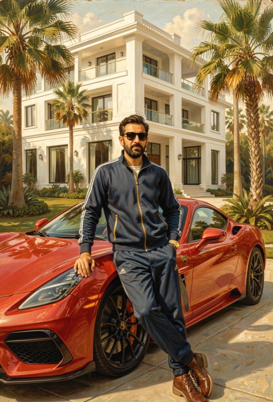 A man in a designer tracksuit leaning on a red supercar outside a mansion