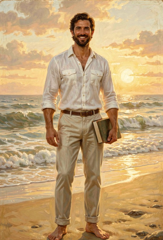 A strong, relaxed man in a white linen shirt on a golden beach at sunset, a book under his arm