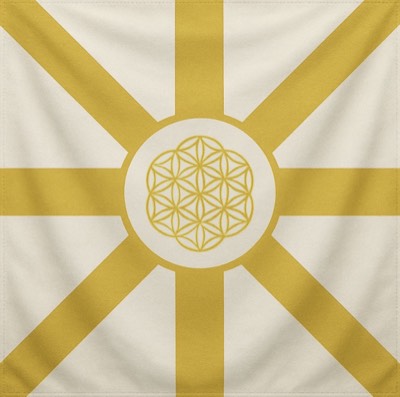 The flag of the Nation of Light: eight gold rays around a circle on cream