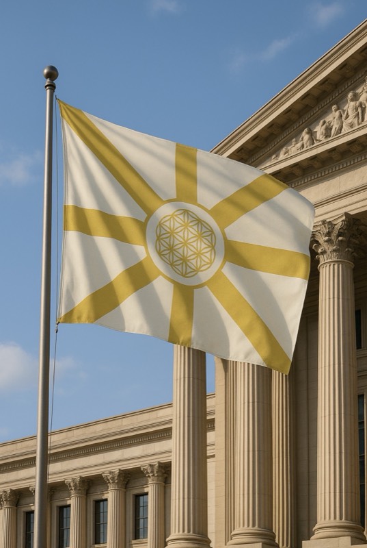 The flag of the Nation of Light flying in front of a classical building